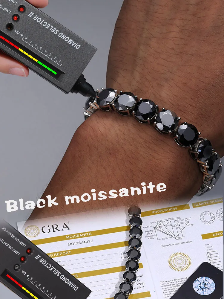 Bracelet Tennis Unisexe en Moissanite Noire Fine pour Homme et Femme, Argent 925, GRA 100% VVl's D, Document Moissanite avec Certificat